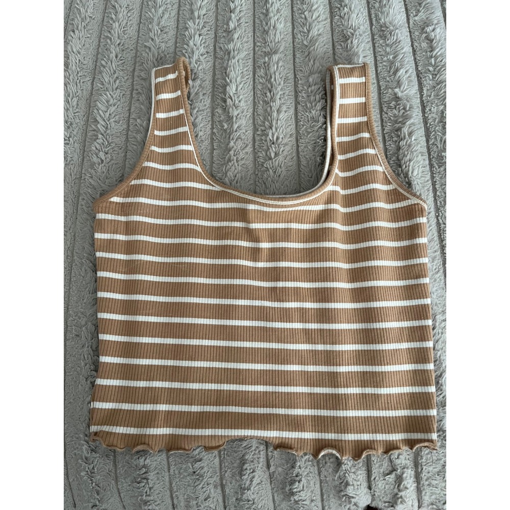 Liz & Sara Women XL Tan White Striped Ribbed Lettuce Edge Crop Tank Top